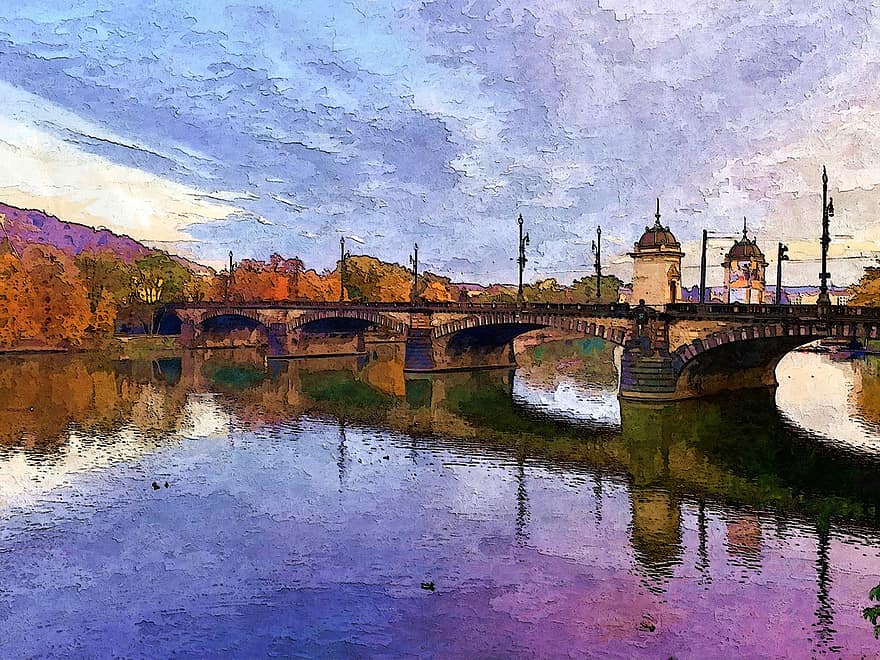 Praha, bro, arkitektur, bybildet, turisme, Urban, humør, vann, refleksjon, himmel, farge