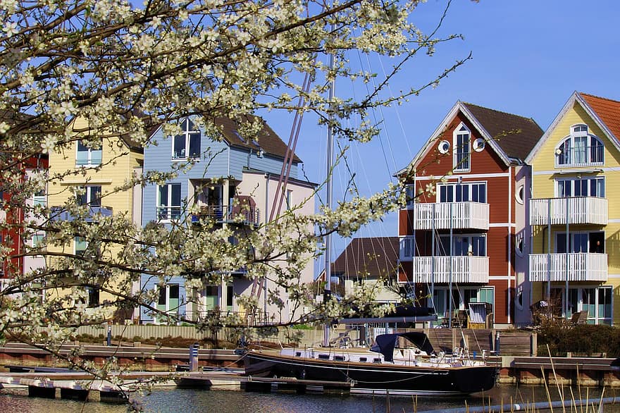 greifsvaldas, uosto miestas, medinis tvenkinys, prieplauka, plaukti, laivas, burlaivis, medinis namas, atostogų namai, pavasaris, architektūra