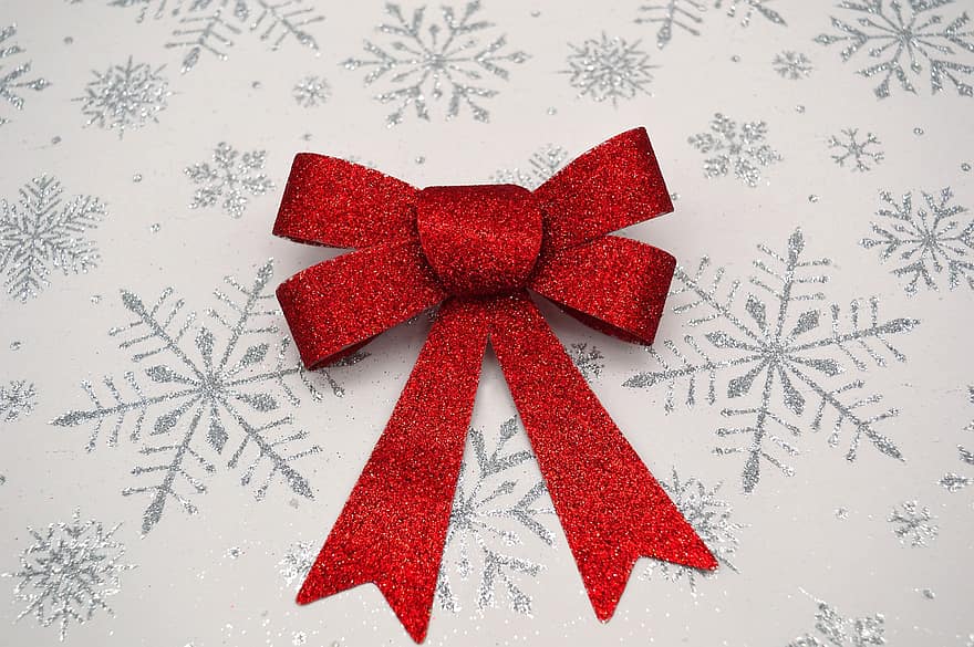Коледа, червен лък, снежинки, подарък лък, панделка, Коледна украса