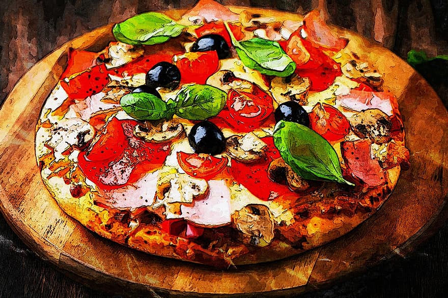 pizza, mat, vegetabiliska, skinka, ost, tomat, örter, utsökt, färsk, grön, kock