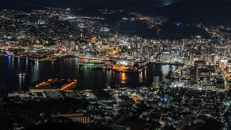 нощен изглед, Нагасаки, пристанище нагасаки, порт, градски светлини, нощ, градски пейзаж, известното място, здрач, градски силует, осветен
