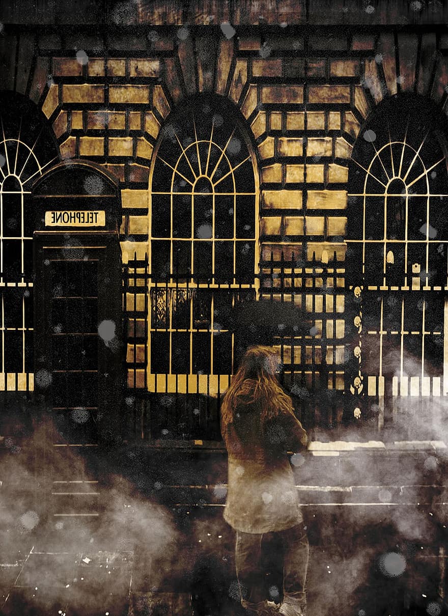 misterioso, névoa, Londres, cabine telefônica
