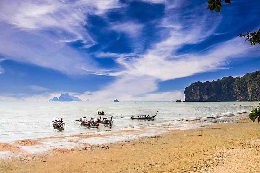 Тайланд, Краби, плаж, лодки, празник, природа, облаци, пясък, лято, брегова линия, почивки
