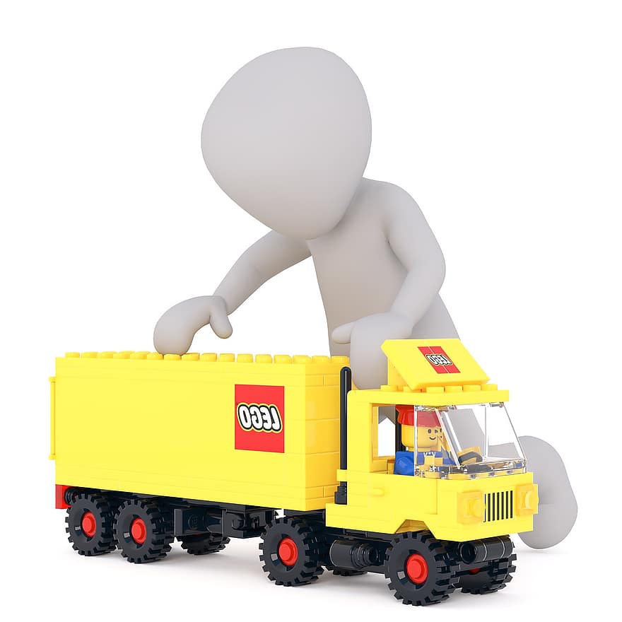 лего, камион, играчки, играя, шофьор на камион, професии, бял мъж, 3D модел, изолиран, 3d, модел