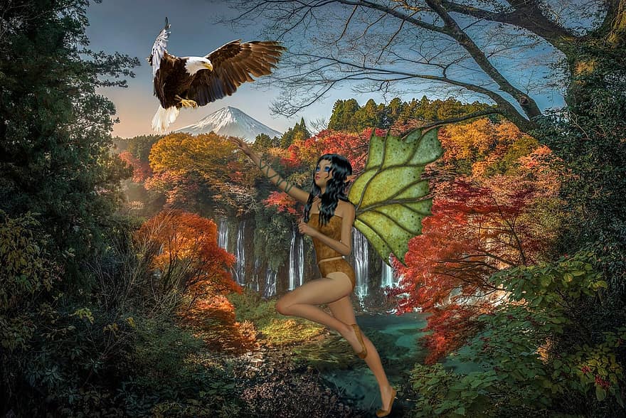 Background, Woods, Fall, Fairy, Eagle, Fantasy, Female, Character, Digital Art
