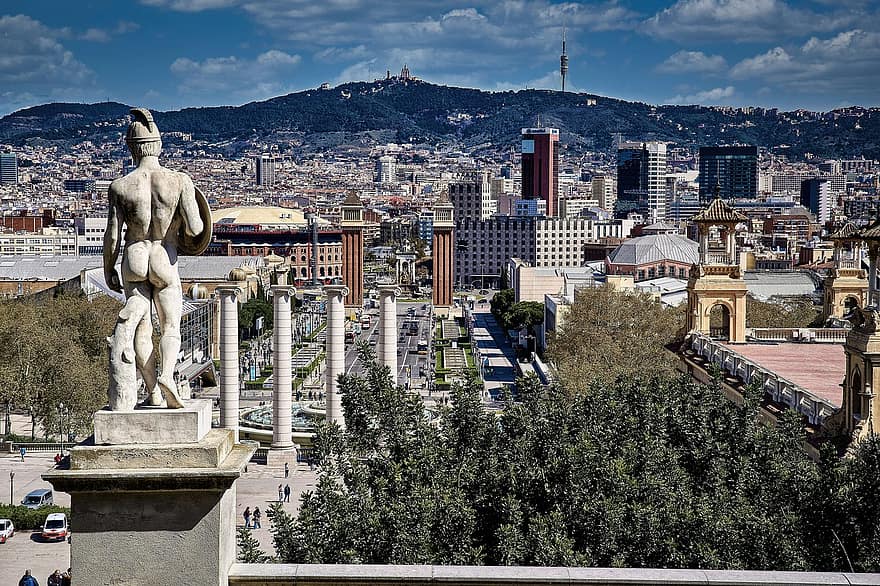 もんじゅ、像、シティ、バルセロナ、スペイン、建物、都市、スペイン広場、有名な場所、街並み、建築