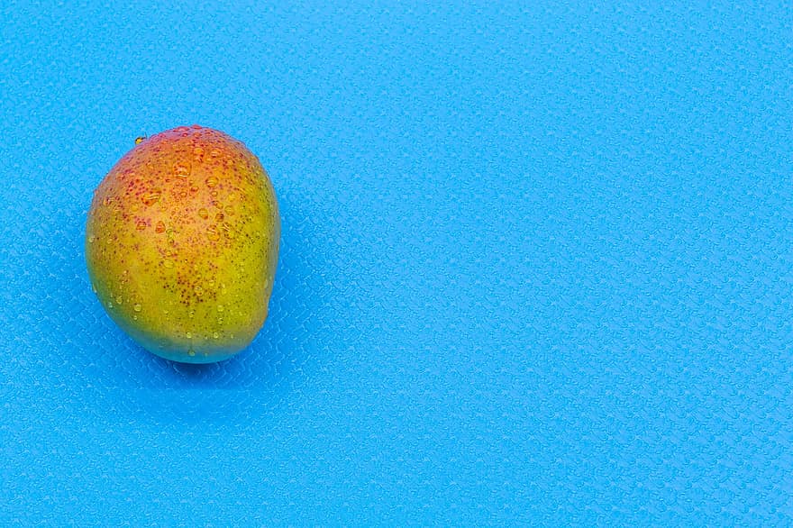 mad, frugt, mango, blå baggrund, top, en, En, frisk, rå, hel, sommer