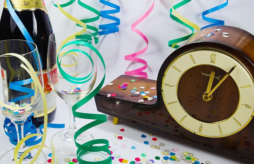 Vispera de Año Nuevo, 2022, celebracion, decoración, fondo, reloj, hora, invierno, champán, alcohol