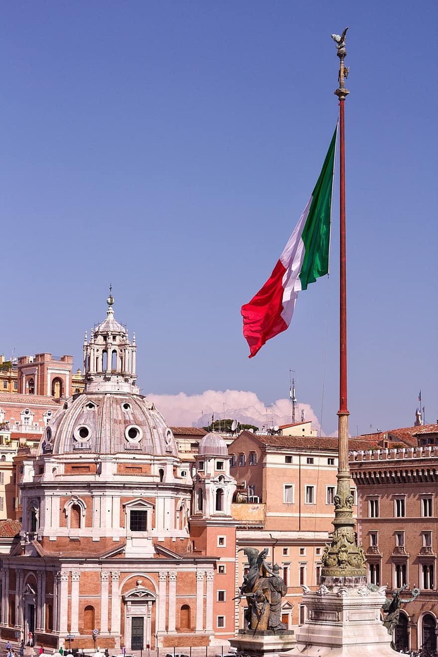 épületek, zászló, Róma, város, olasz zászló, régi épületek, templom, építészet, kupola, tájékozódási pont, történelmi