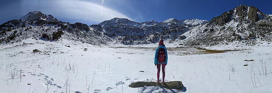 berg-, wandelaar, sneeuw, winter, trekking, wandelen, vorst, koude, natuur, landschap, Andorra