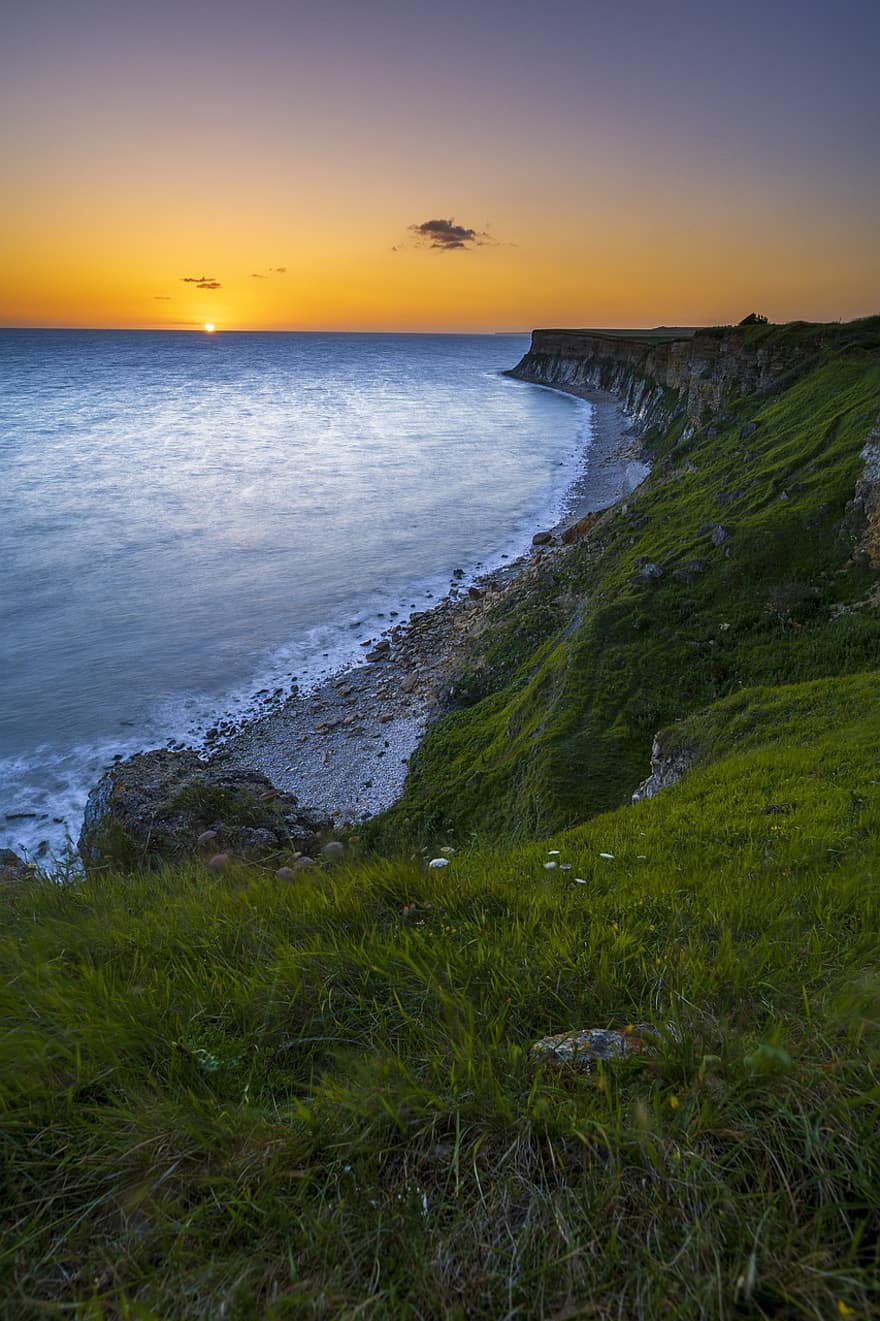 Sunset, Cliff, Sea, Coat, Water, Nature, Sky, Europe, Landscape