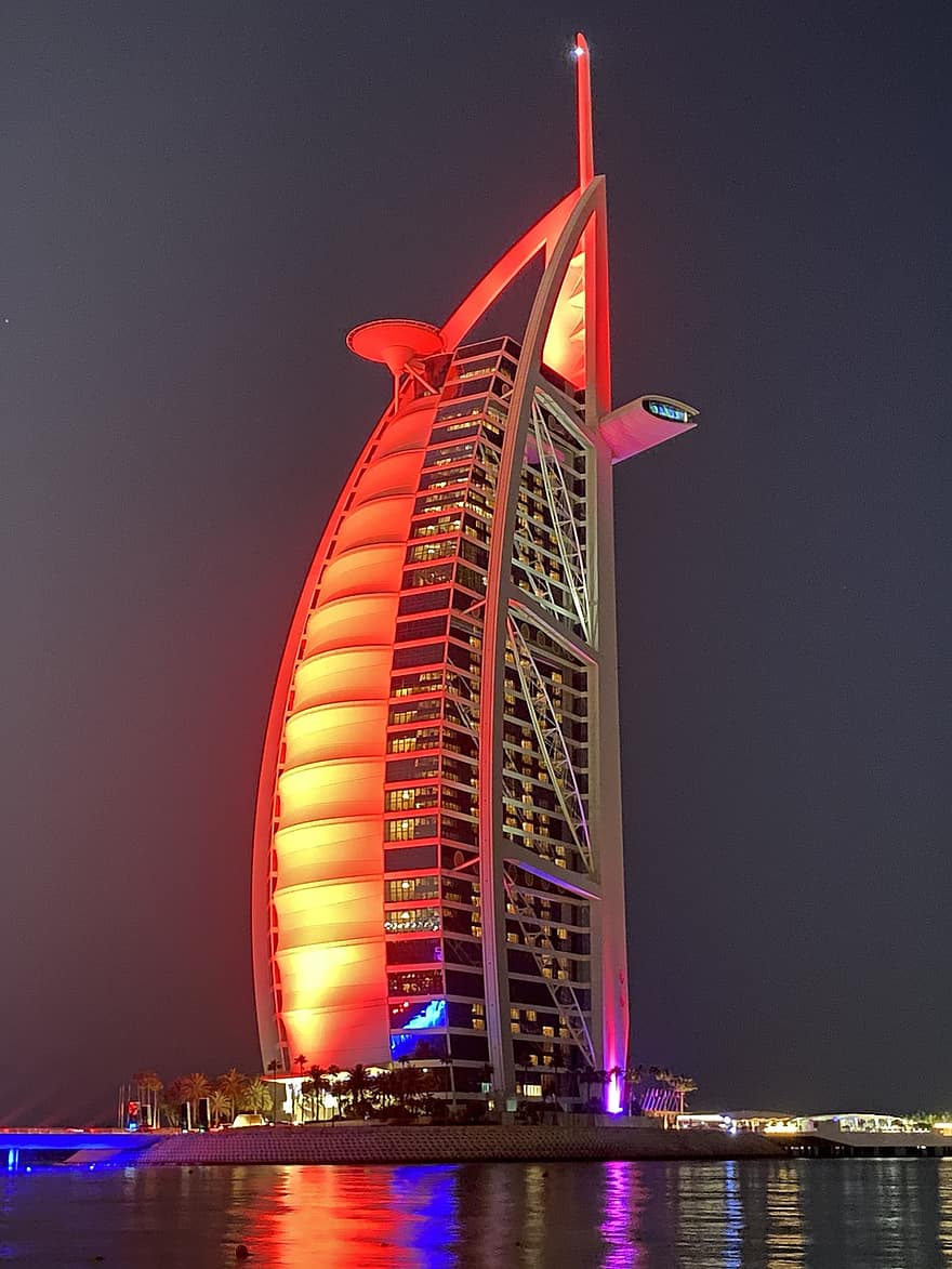 burj al arab, Dubaija, debesskrāpis, u a e, orientieris, arhitektūra, naktī, krēsla, slavenā vieta, izgaismots, ēkas ārpuse