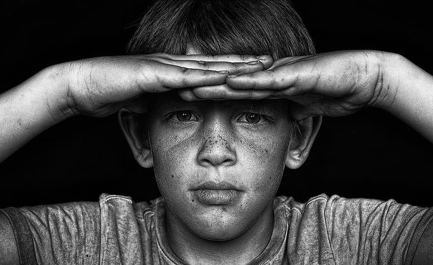 kid, boy, portrait, one person, black and white, child, sadness, depression, boys, close-up, childhood