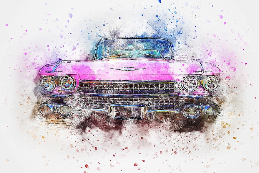 auto, staré auto, cadillac, umění, abstraktní, vodové barvy, vinobraní, tričko, umělecký, design, akvarel