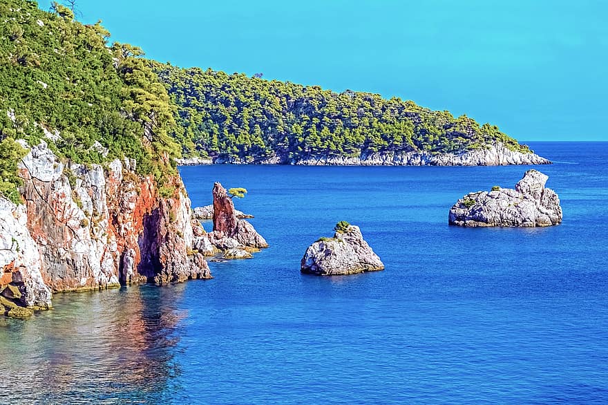 natură, mare, călătorie, explorare, ocean, Grecia, Skopelos, Stafylos, peisaj, coastă, insulă