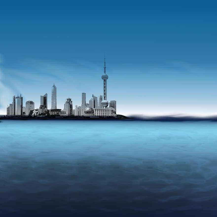 fondo, azul, ciudad, mar, cielo, horizonte, urbano, edificio, costa, arquitectura, línea costera
