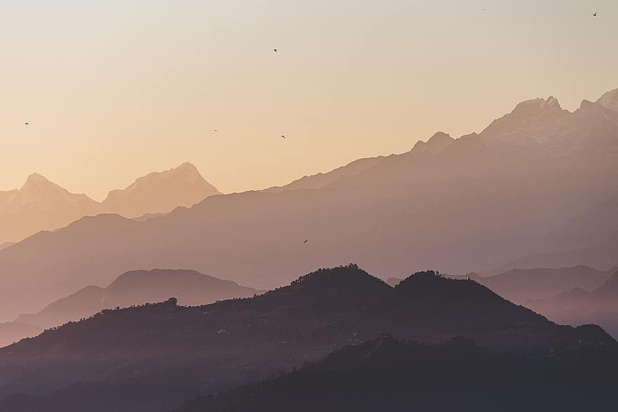 les montagnes, le coucher du soleil, soir, tourisme, Voyage, aventure, Asie, la nature, Pokhara, paysage