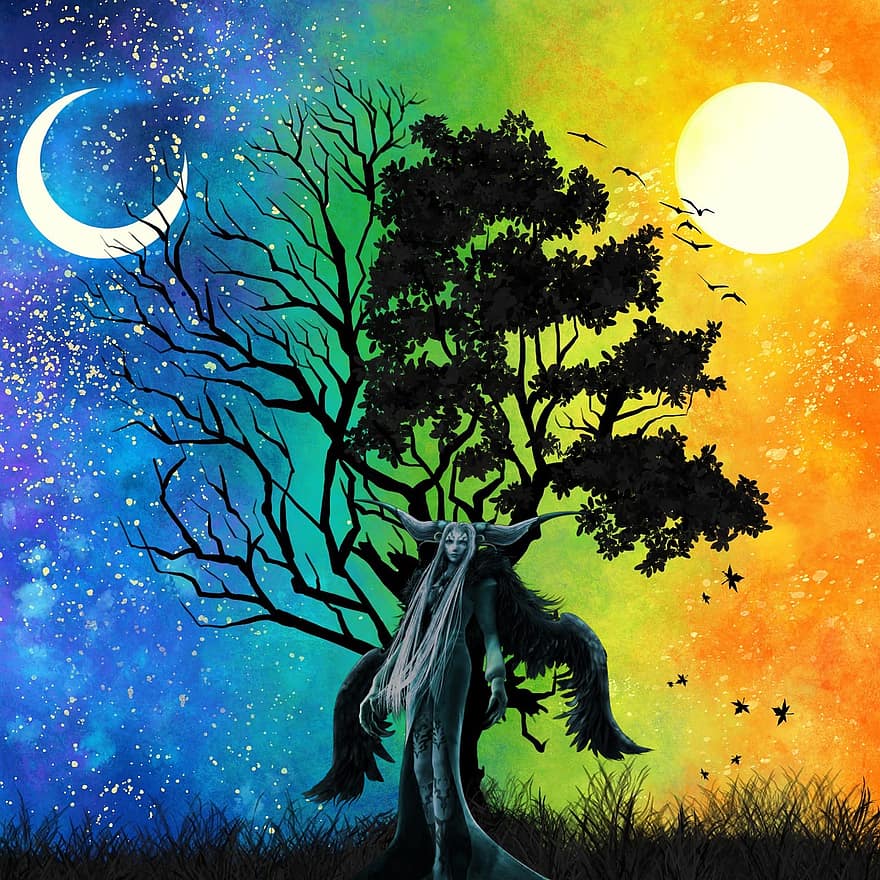 sfondo, mistico, albero, Luna, sole, procedura guidata, fantasia, femmina, personaggio, arte digitale