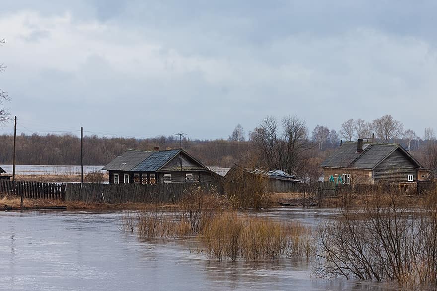 norte russo, lal'sk, Primavera, inundar, panorama, agua, rio