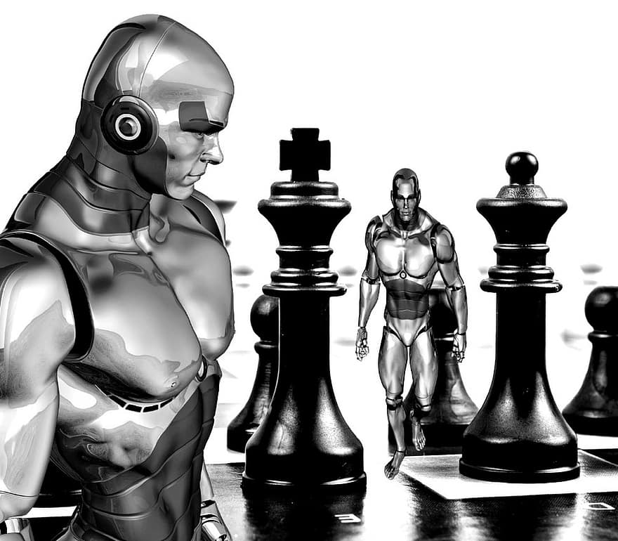 チェス、サイボーグ、ロボット、ゲーム、ハンド、遊びます、黒、サイバネティック、白、金属、灰色のロボット