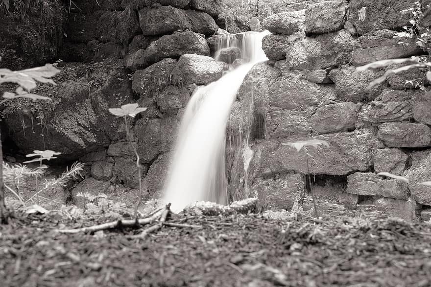 cascata, ruscello, bianco e nero, natura, foresta, acqua, flusso, fiume, allgäu, montagna