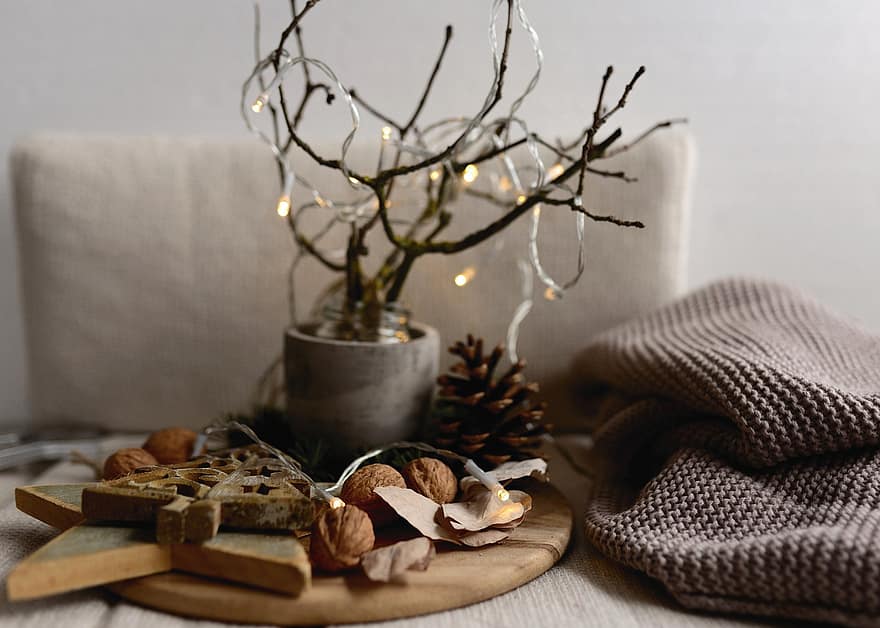 decoración, nueces, Decoración navideña, Estrella de madera, madera, invierno, de cerca, mesa, comida, adentro, temporada