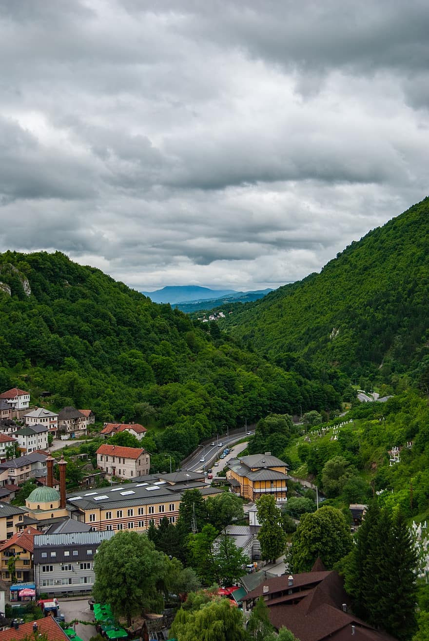 Travnik, City, Town, Houses, Urban, View, Architecture, Buildings, Forest, Mountains, Trees