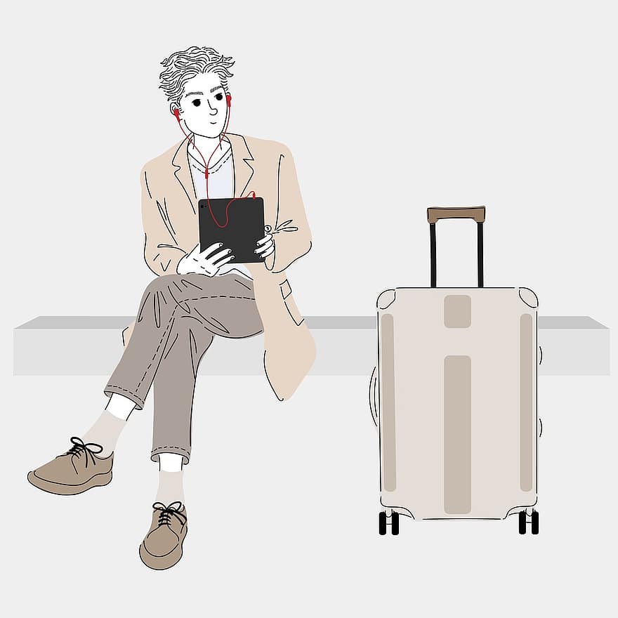 muž, zavazadla, cestovatel, cestovat, turista, cestující, cesta, terminál, odchod, letiště, dovolená