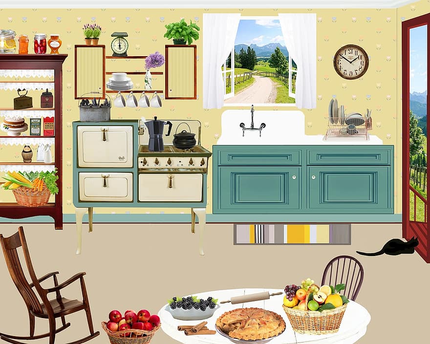 bucătărie, epocă, retro, alimente conservate, blocaje, plăcintă, cuptor, coş, vase, tavă de scurgere, fereastră