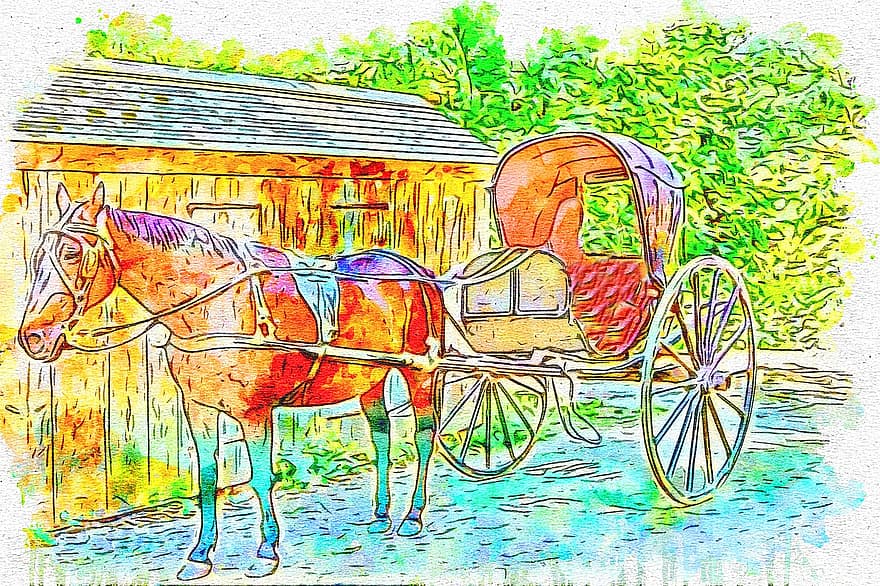 carrinho, velho, cavalo, rua, aguarela, tampa, vintage, colorida, artístico, desenhar, aquarelle