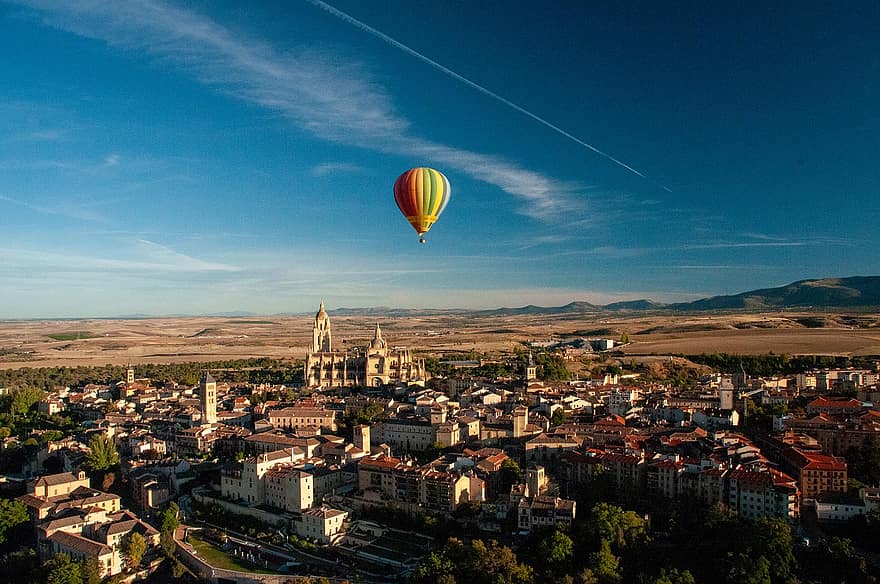 バルーン、熱気球、セゴビア、スペイン、シティ、地平線、見る、水路