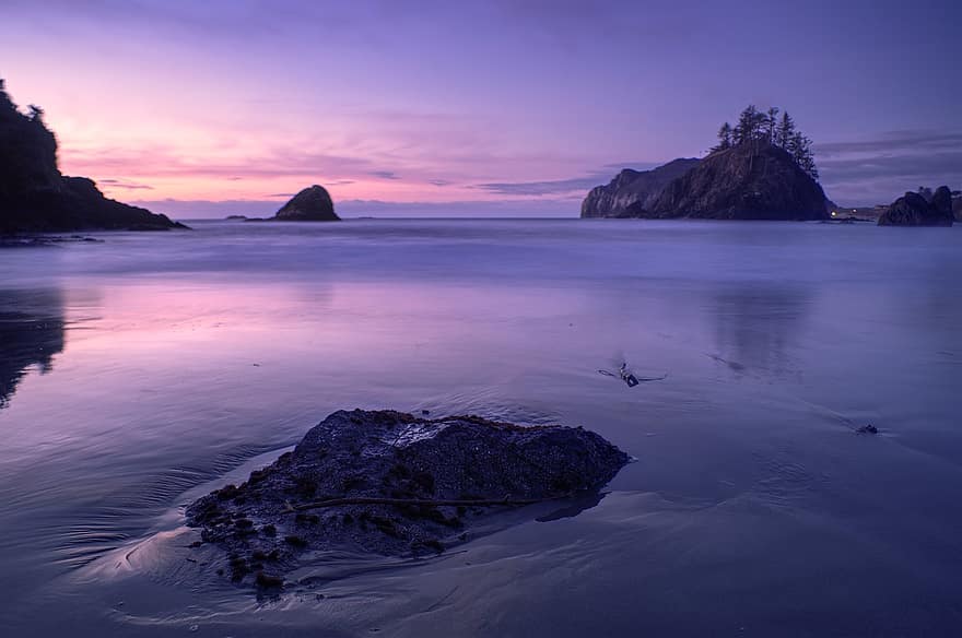 紫の、ピンク、日没、ビーチ、太平洋岸北西部、岩、海岸、水、美しさ、自然、海洋