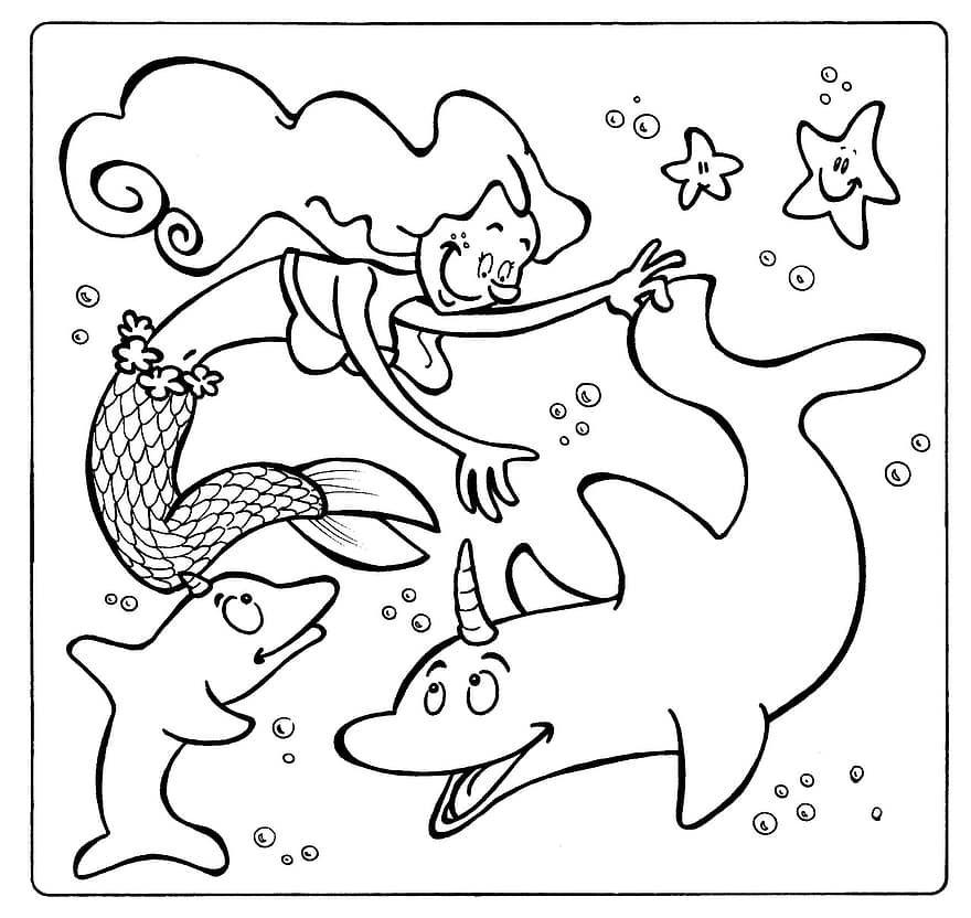 Mermaid, Dolphins, Sea, Ocean, Water, Mythology, Fairy Tale, Starfish, Bubbles, Maine Life, Cartoon
