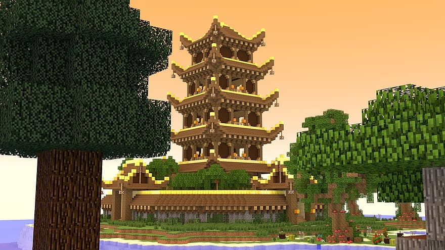 Minecraft, temple, 3d, simple, Jeu, de base, cubique, géométrique, cube, coloré, la nature