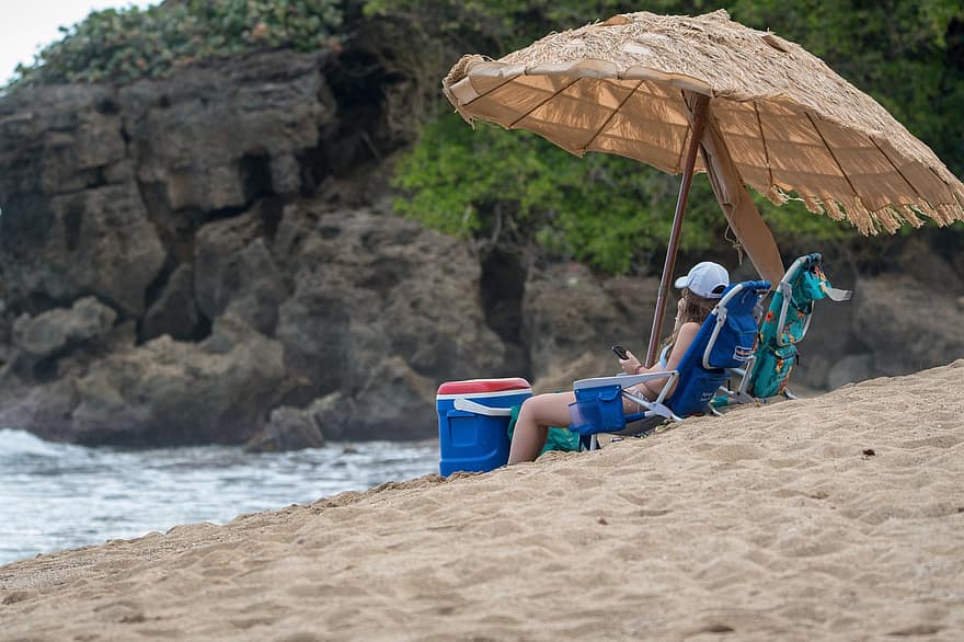 umbrelă, fată, nisip, ocean, plajă, apă, mare, vară, relaxa, vacante, bărbați