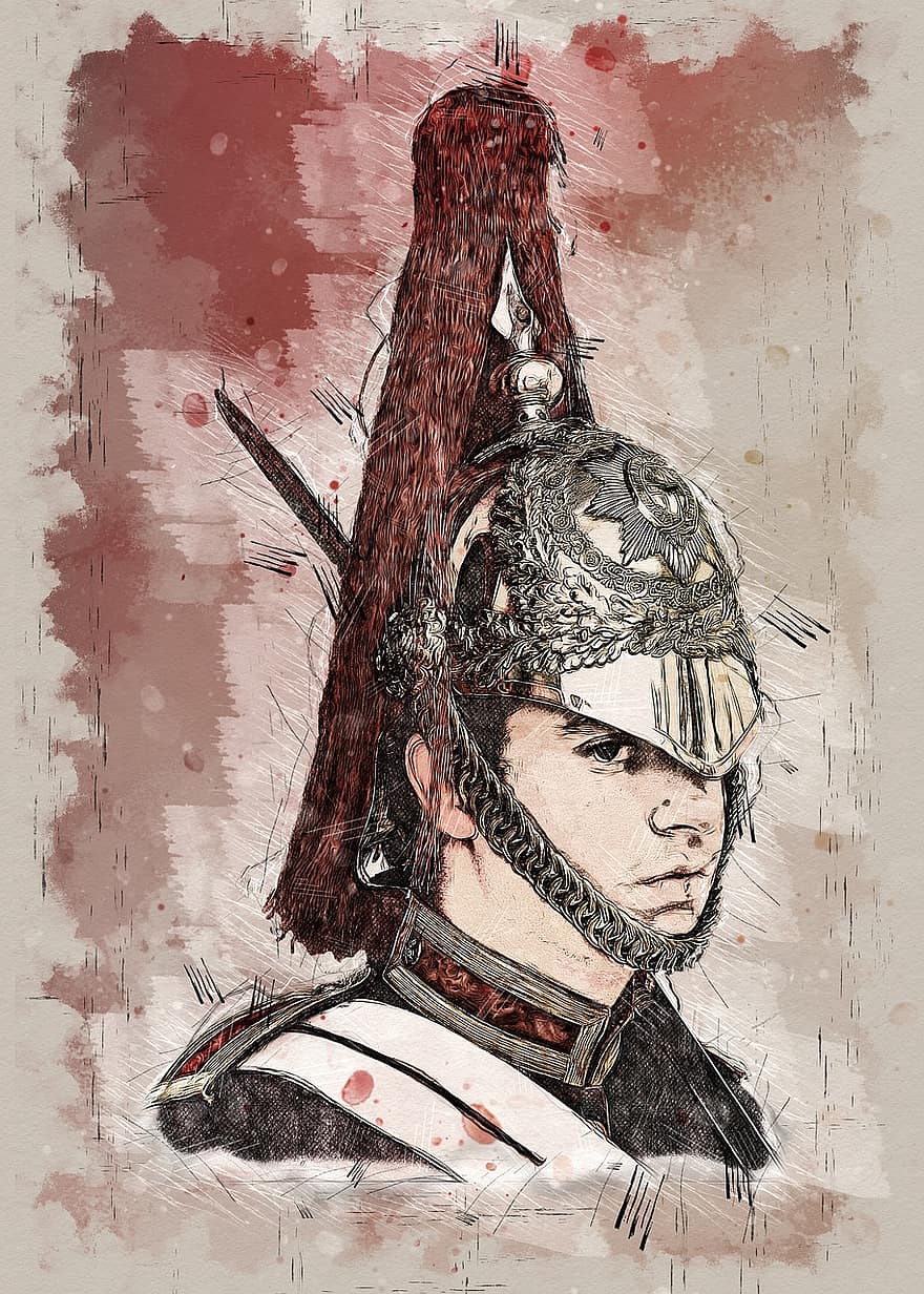 soldat, mand, han-, hjelm, sværd, våben, militær, hær, portræt, maleri, illustration