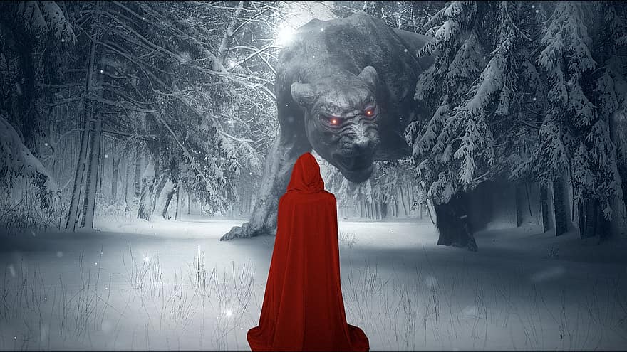 Caperucita Roja, bosque, invierno, nieve, naturaleza, mujer, animal, bestia, fantasía, cuento de hadas, árbol