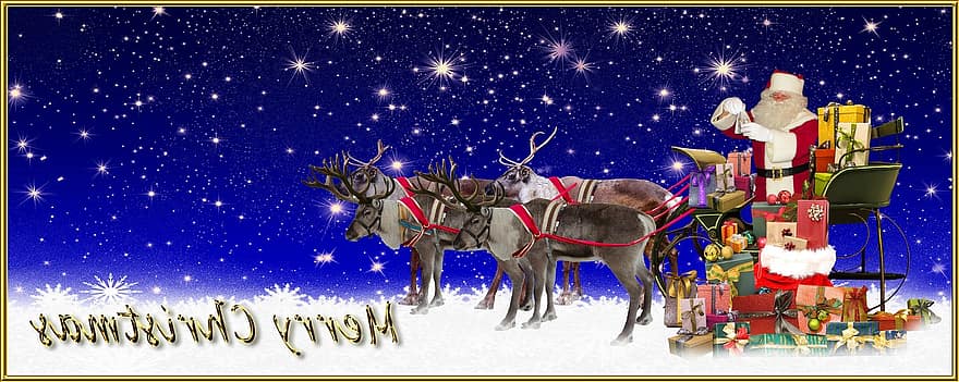 Boże Narodzenie, Wesołych Świąt, kartka z życzeniami, Święty Mikołaj, sanie świąteczne, renifer, prezenty, ślizgać się, zrobiony, pętla, świąteczne pozdrowienia