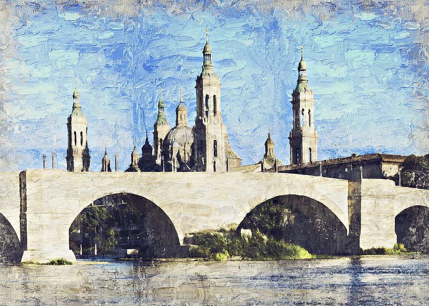 Art, Painting, Castle, Zaragoza, Bridge, River, View, Water, City, Architecture, Structure
