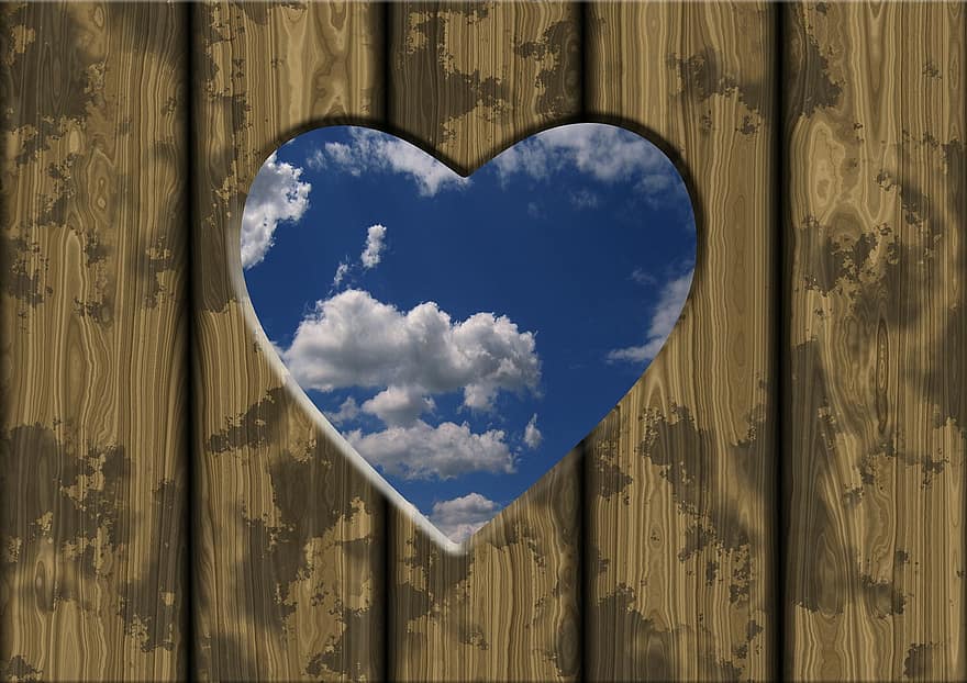 Boards, Door, Clouds, Heart, Love, Luck, Abstract, Relationship, Greeting Card, Postcard, Background
