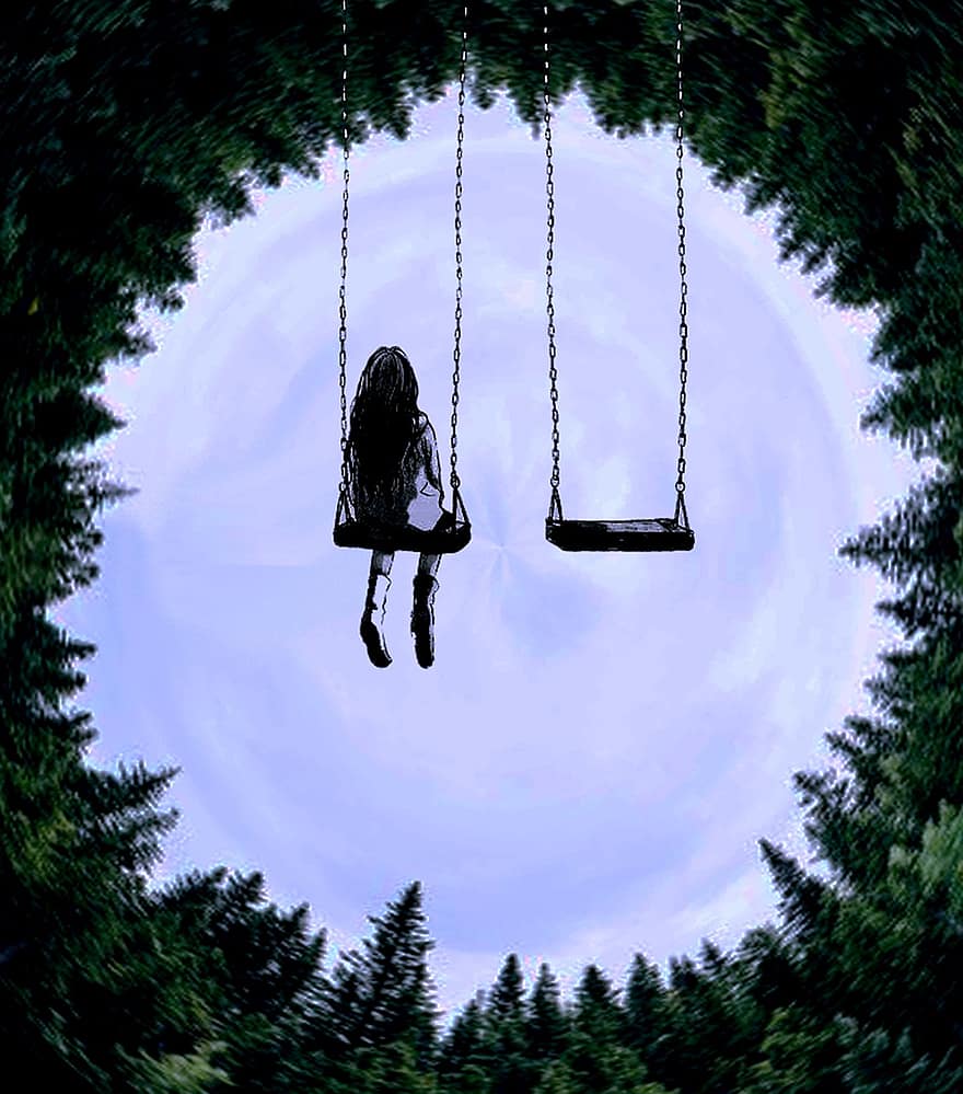スイング、女の子、木、一人で、寂しい、森の中、空、世界、ファンタジー