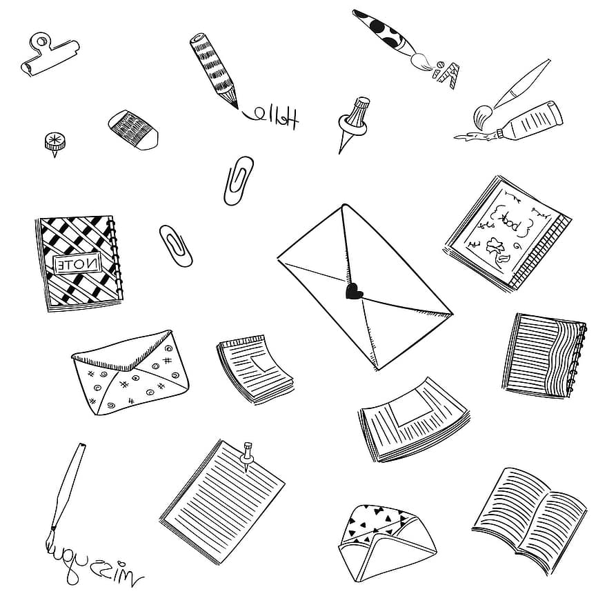 carta, comunicação, doodle, envelope, mensagem, enviar, Nota, caderno, bloco de anotações, caneta, clipe de papel
