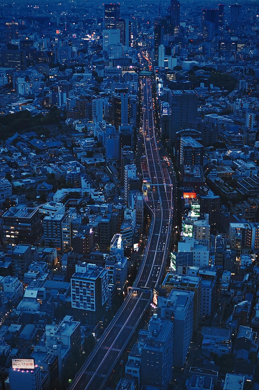 cidade, noite, vista aérea, paisagem urbana, visão noturna, urbano, metrô, metropolitano, luzes da cidade, vista da cidade, prédios