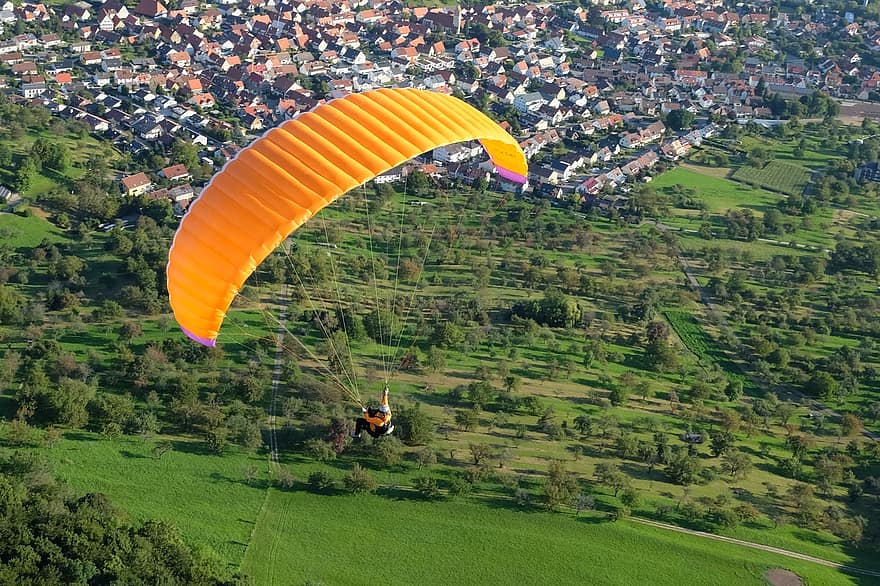 paragliding, flying, paraglider, fallskjerm, ekstremsport, Luftsport, fugleperspektiv, flybilde, landskap, bybildet