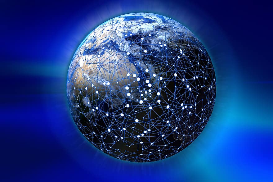 nettverk, jord, blokkkjede, kloden, digitalisering, kommunikasjon, verdensomspennende, forbindelse, global, teknologi