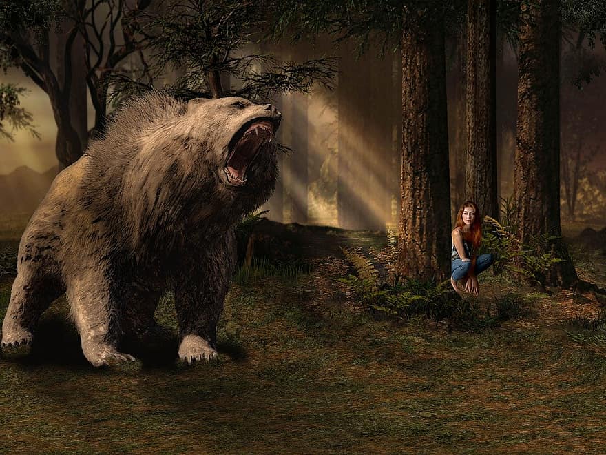 Fantasy, Forest, Bear, Woman, Risk, Trees, Mystical, Nature