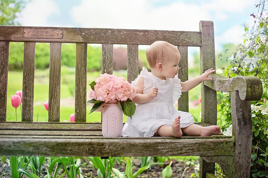 dítě, letní, jaro, sedí na lavičce, květiny