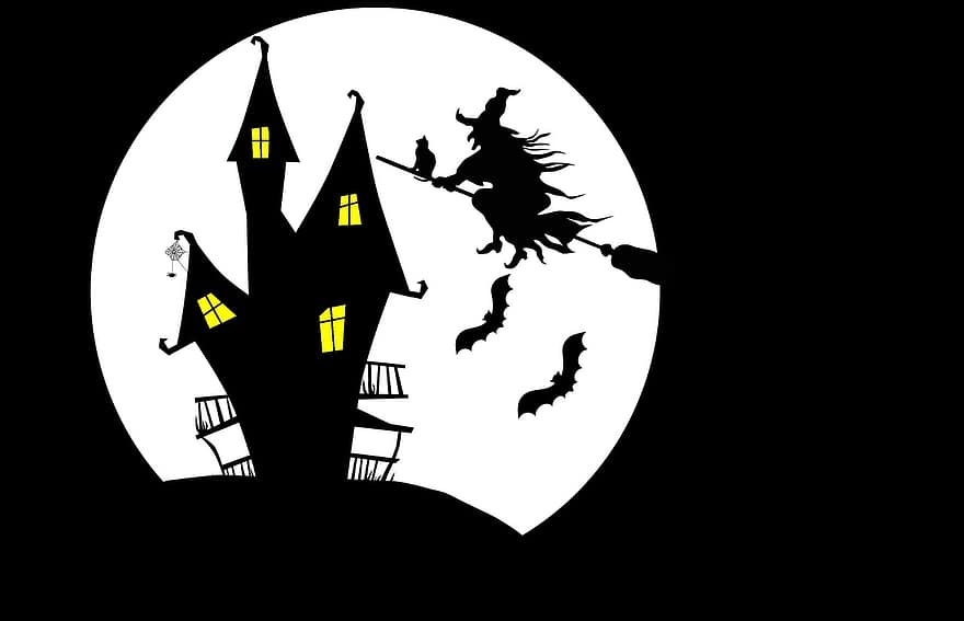 heks, hus, måne, lys, uhyggelig, halloween, fe, fortælling, mystisk, mærkelig, nat