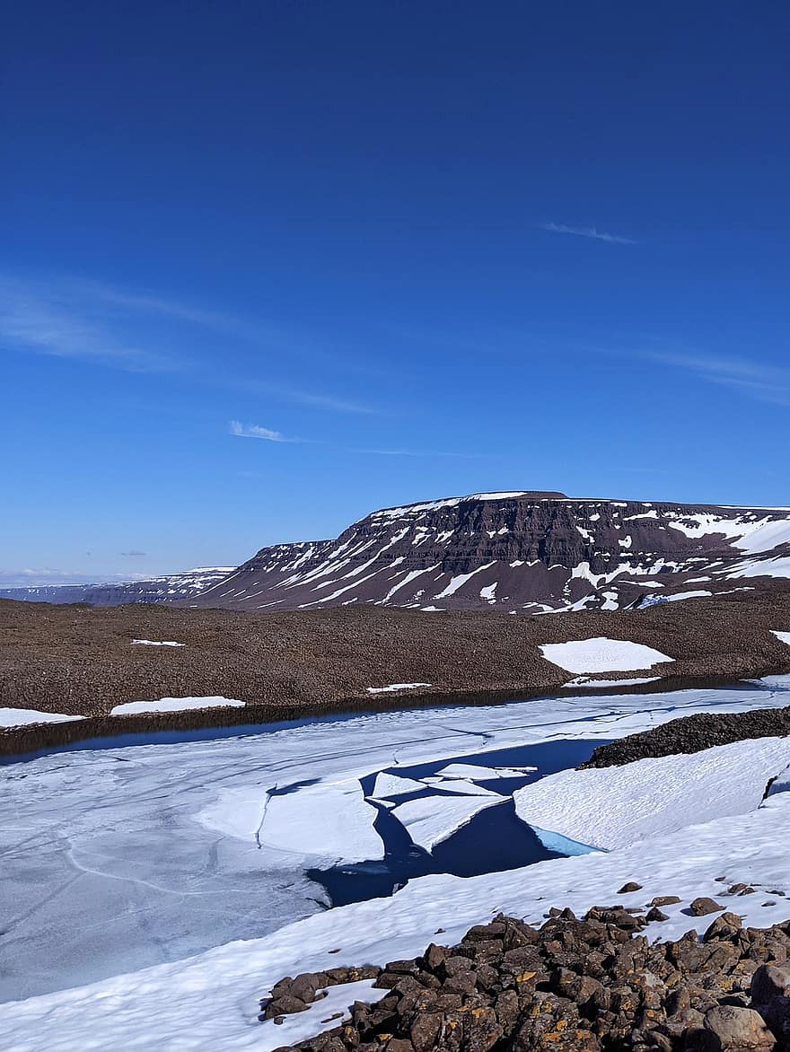 езеро, лед, планини, Плато Путорана, Русия, замръзнало езеро, природа, пейзаж, замръзнал, сняг, зима