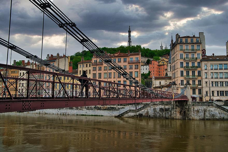 Brücke, Fluss, Lyon, Stadt, Steg, Fußgängerbrücke, Gebäude, städtisch